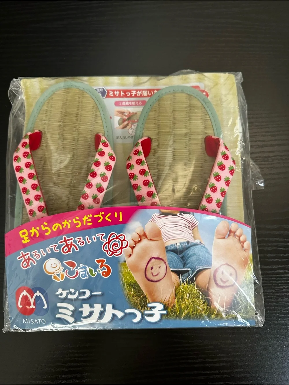 Misato Straw Flip Flops with Pink Strawberry Straps